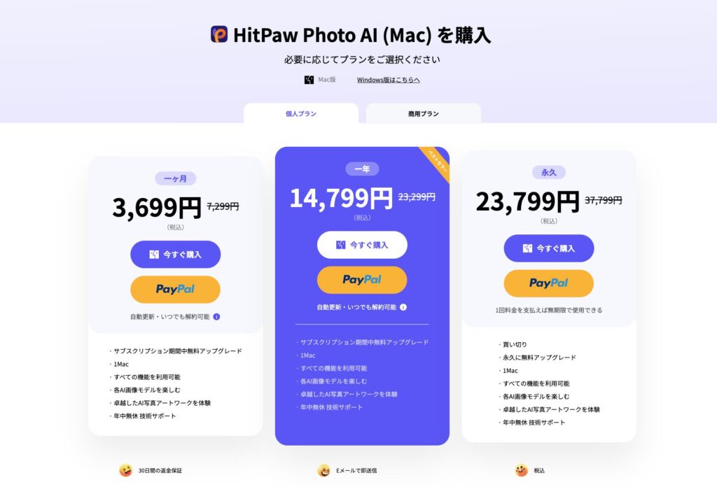 HitPaw Photo AI (Mac)の公式サイトの料金比較画像(個人)